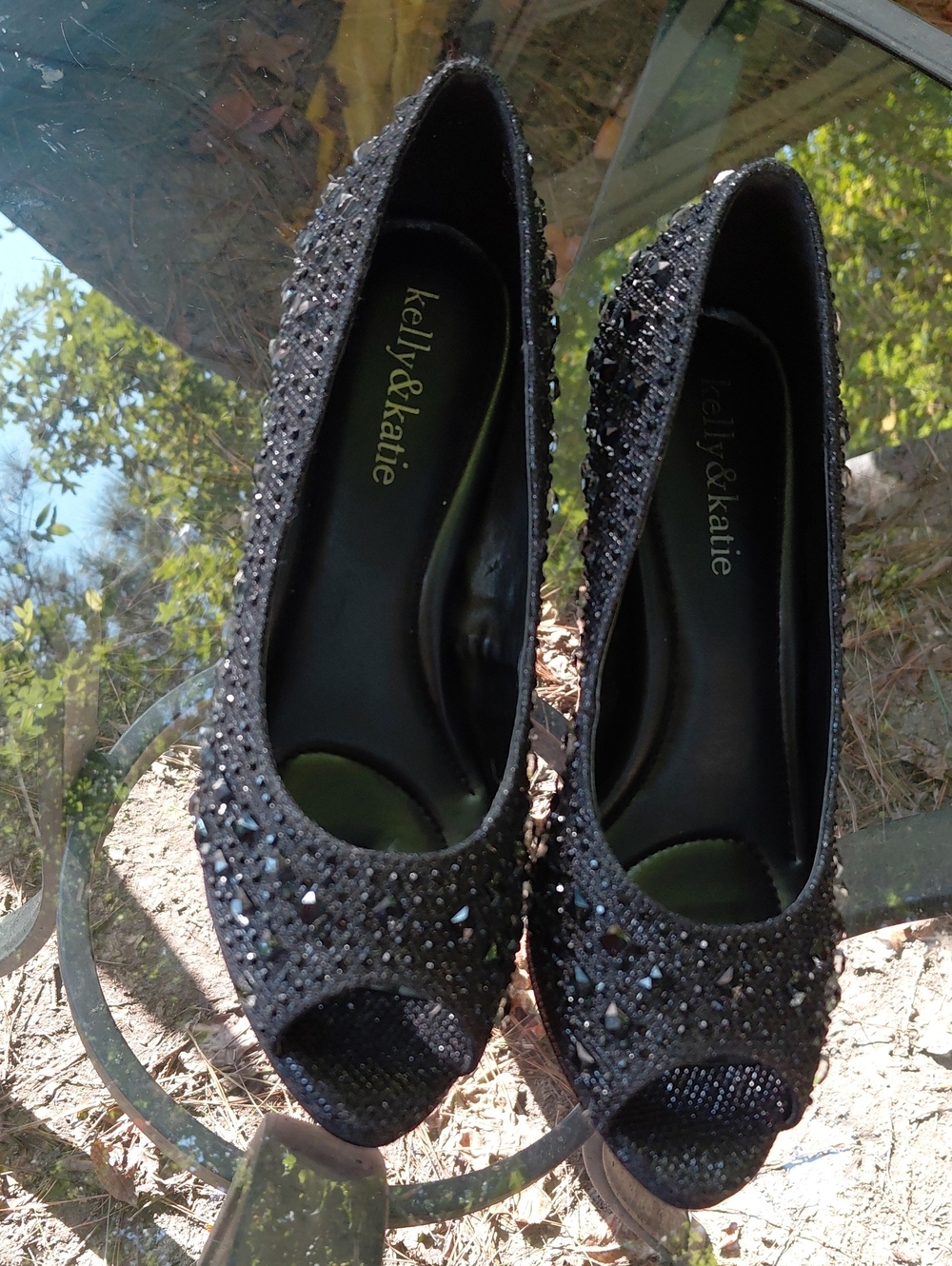 Kelly & Katie Black Beaded Peep-Toe Heels